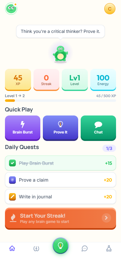 ProveItPal Home tab with XP, quests, and Pru