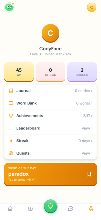 Profile with stats, journal, word bank, achievements